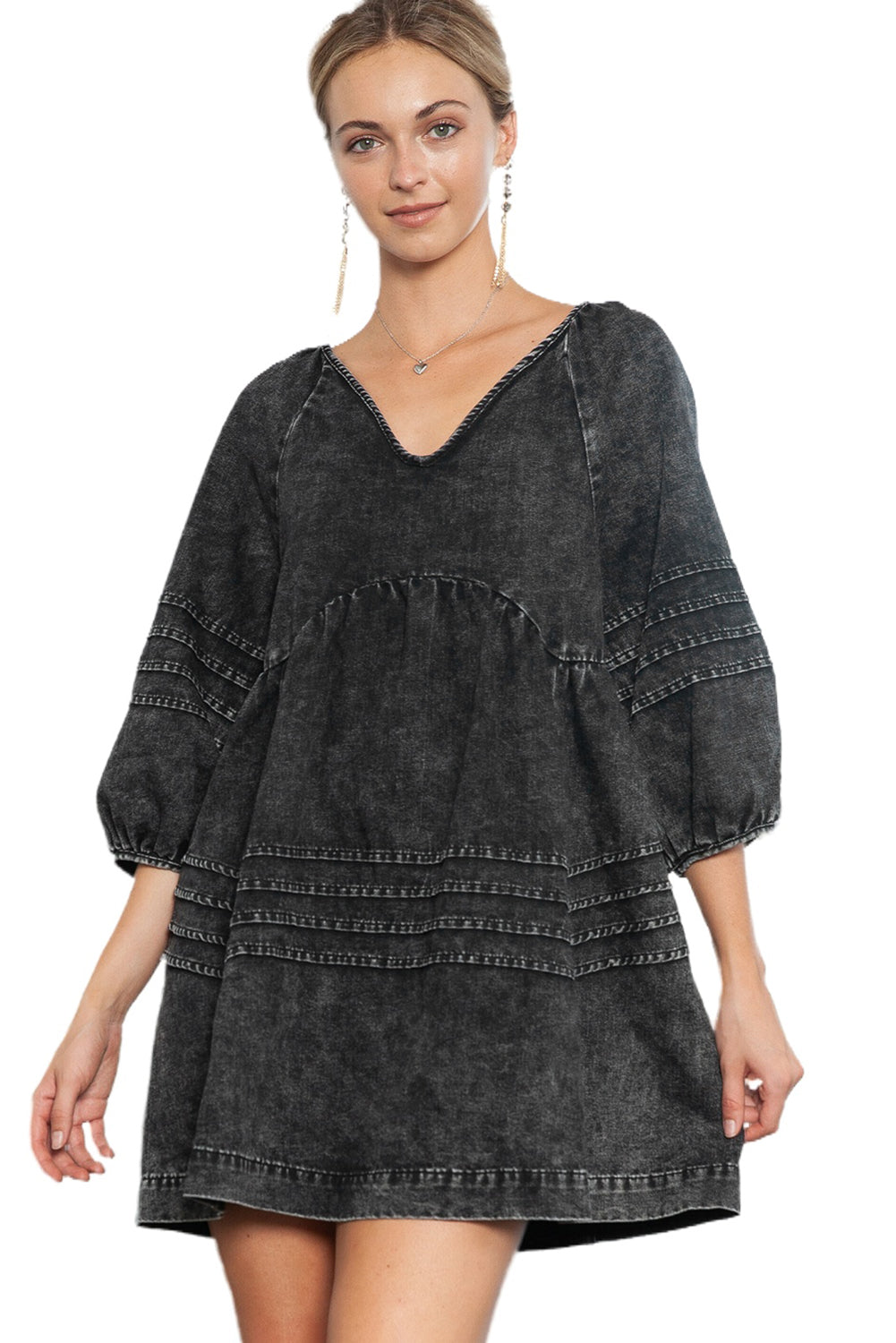 Black Dark Wash Empire Waist V Neck Denim Dress