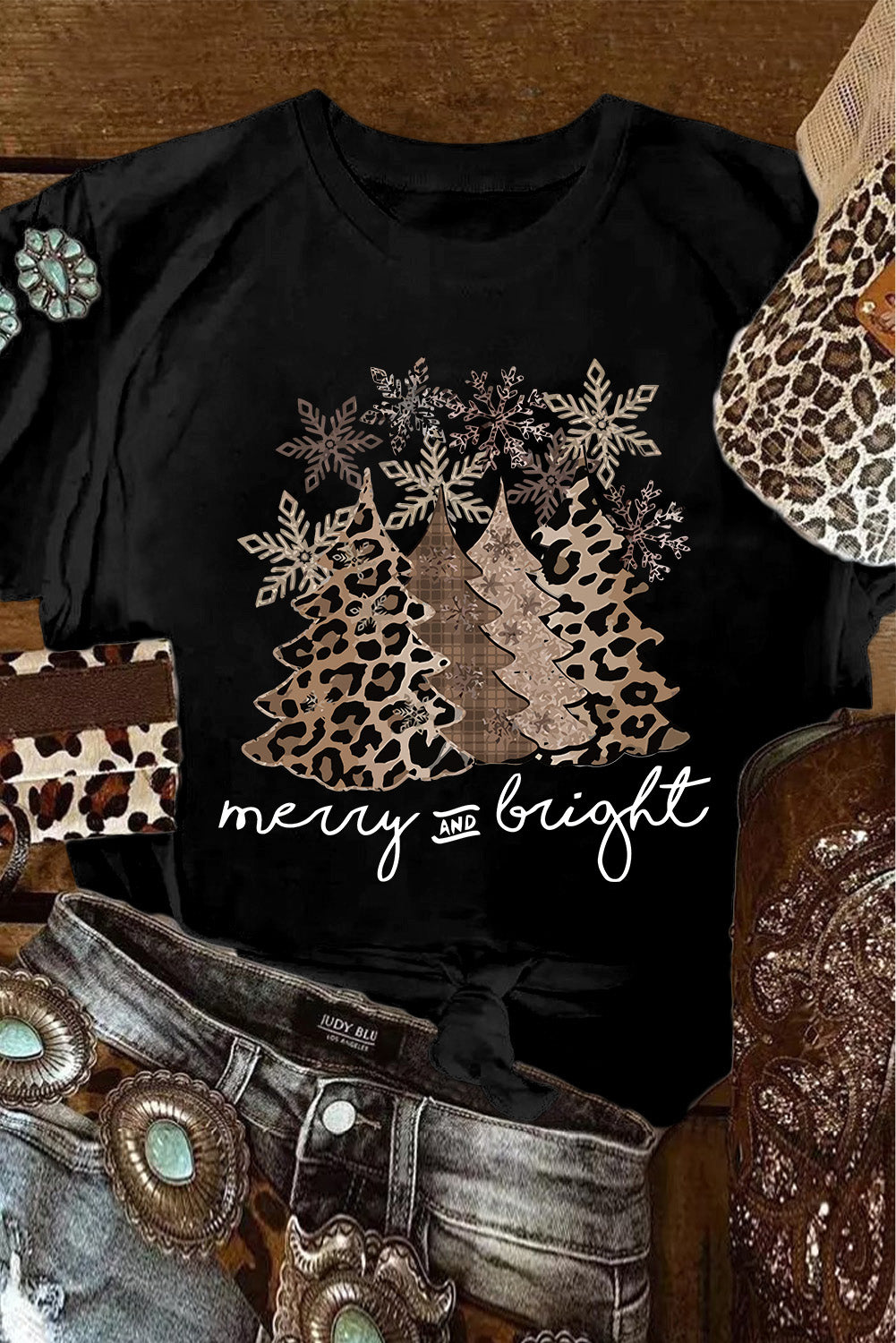 Black Leopard Christmas Tree Crew Neck Graphic T Shirt