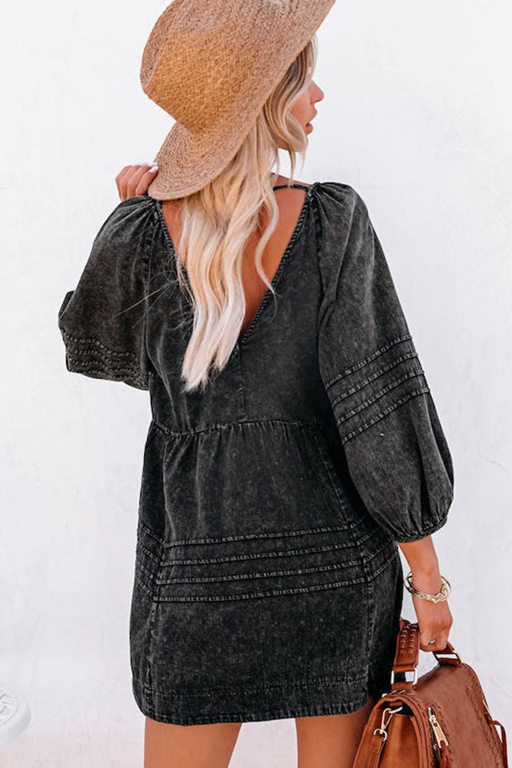 Black Dark Wash Empire Waist V Neck Denim Dress