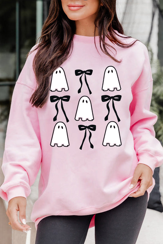 Pink Ghost Bowknot Print Drop Shoulder Halloween Graphic Sweatshirt