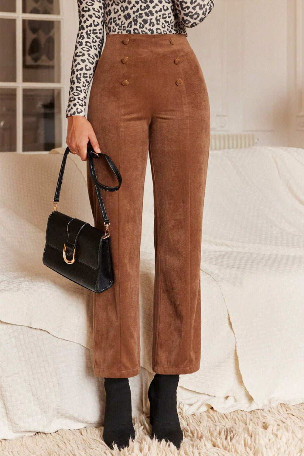 Chestnut Solid Color Double Breasted Straight Leg Pants