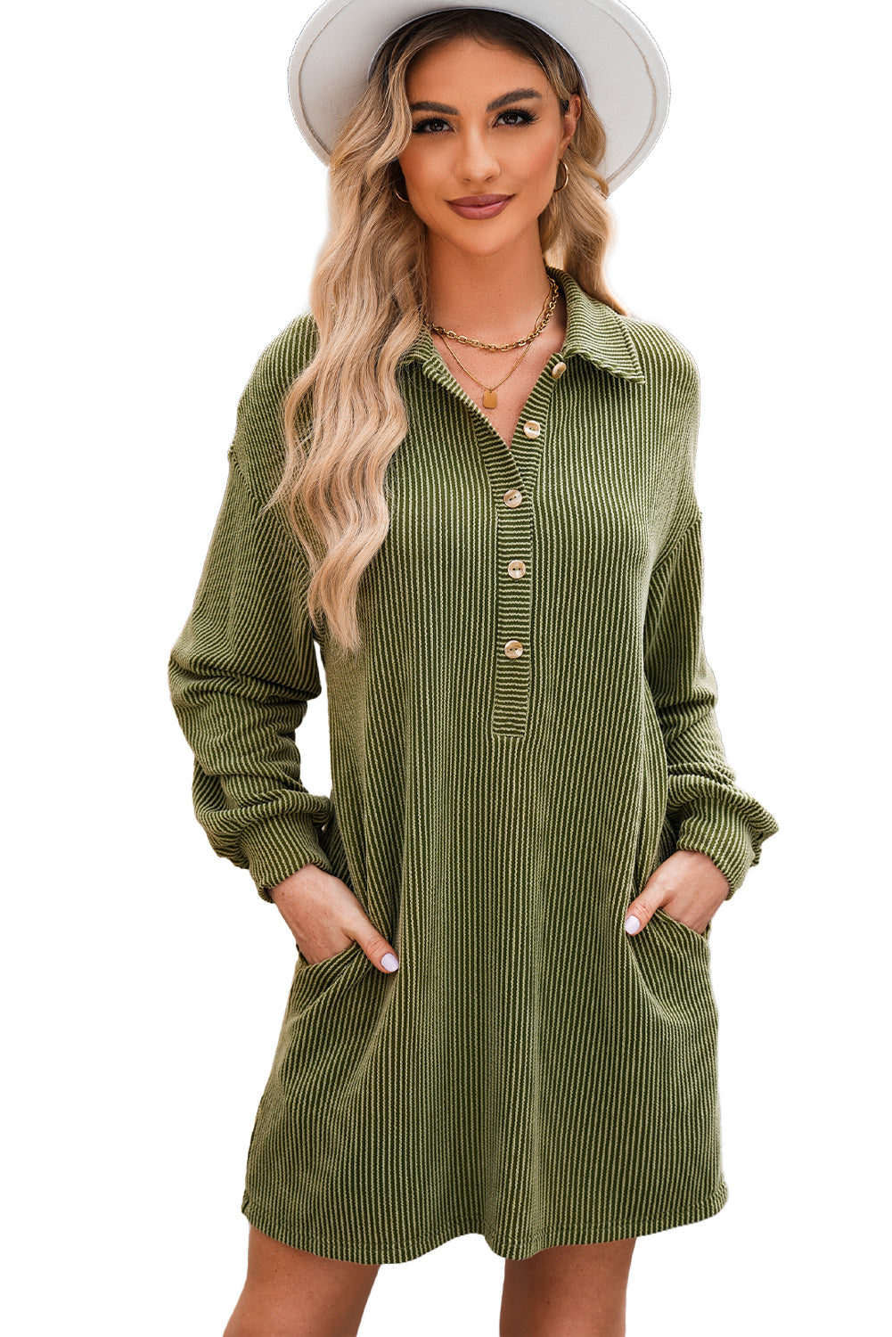 Moss Green Corded Buttons Placket Collared Shift Dress