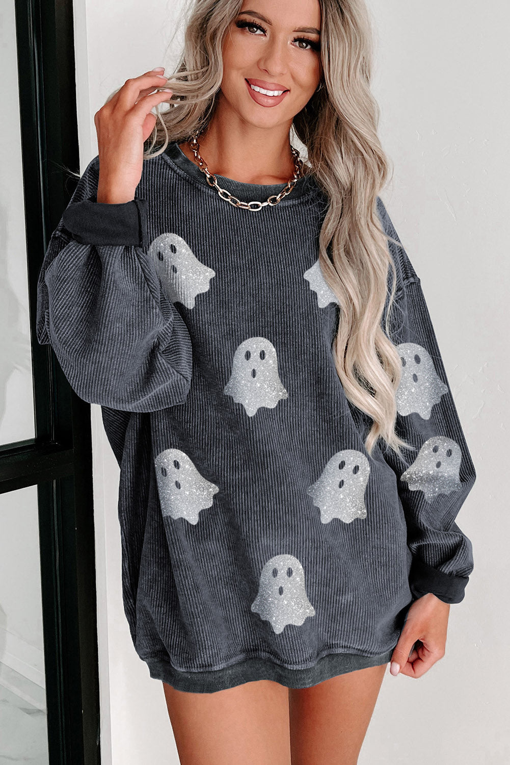 Blue Halloween Ghost Corded Crew Neck Loose Sweatshirt