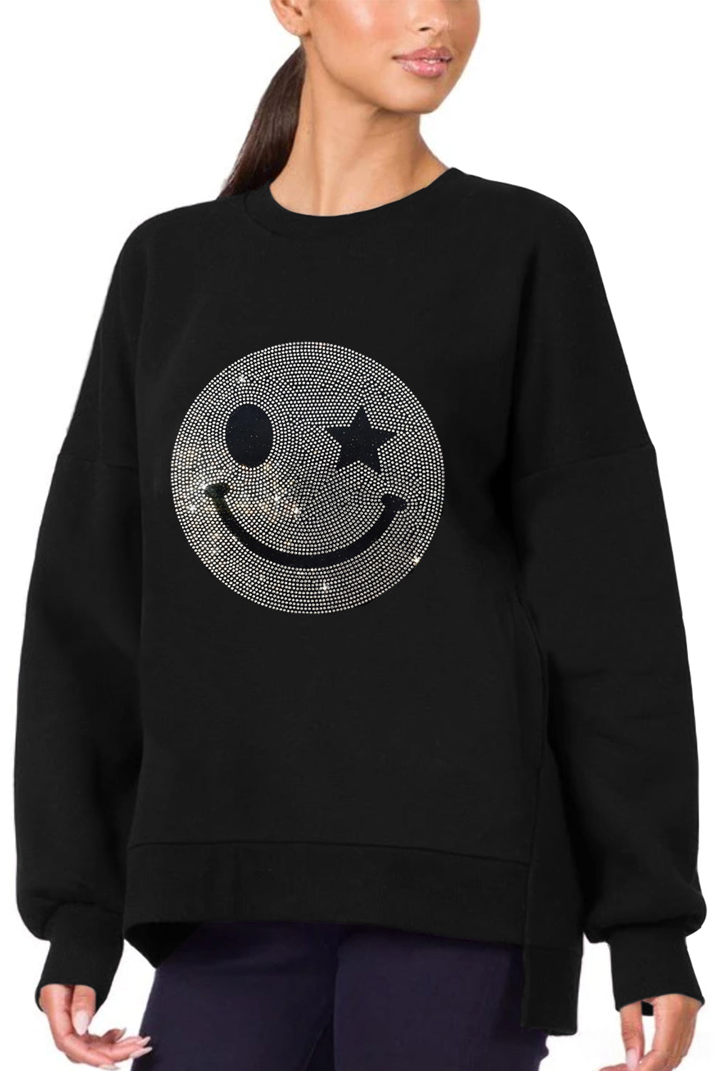 Black Rhinestone Smile Face Pattern High Low Hem Sweatshirt