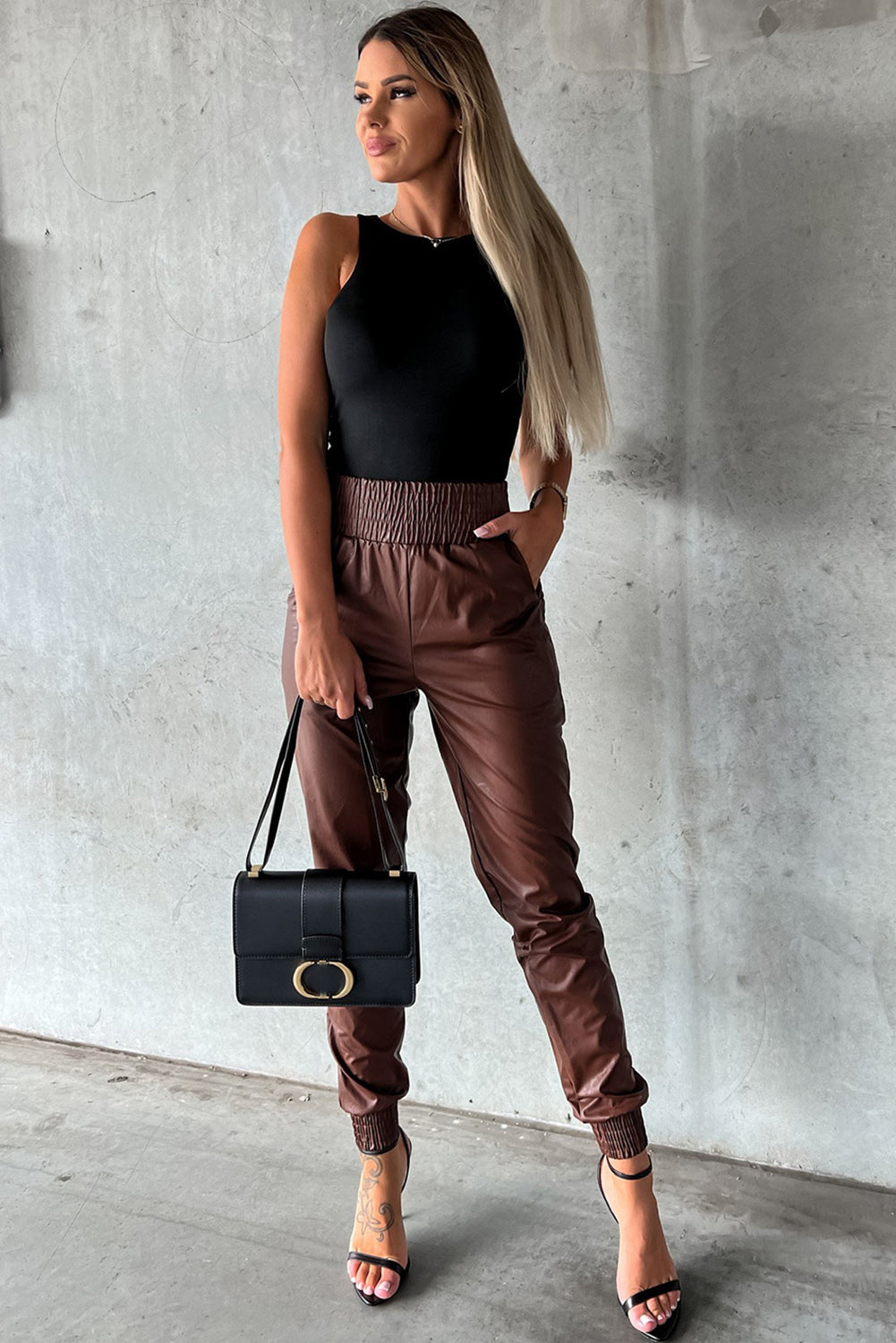 Brown Smocked High Waist Leather Skinny Pants