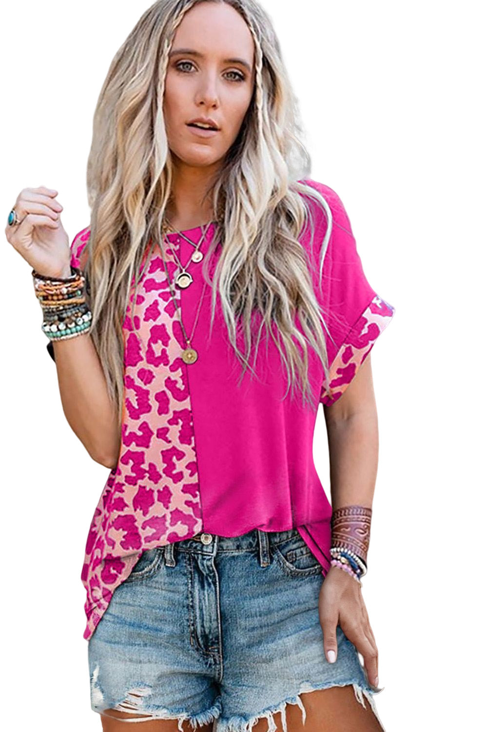 Black Leopard Print Color Block Rolled Up Sleeve Casual T Shirt