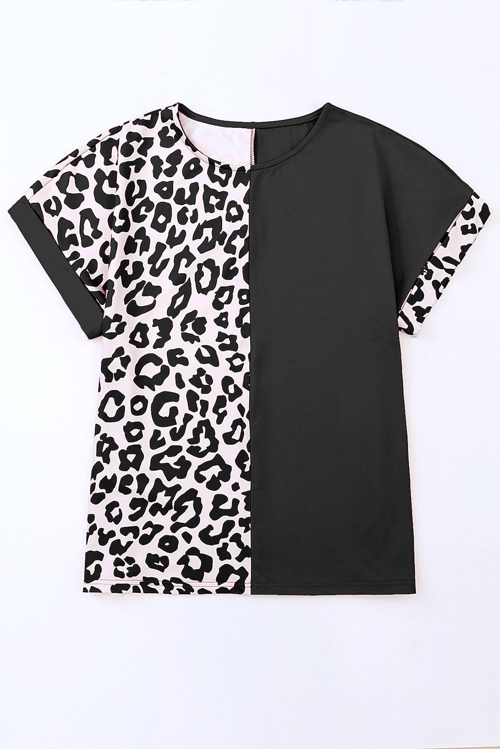 Black Leopard Print Color Block Rolled Up Sleeve Casual T Shirt