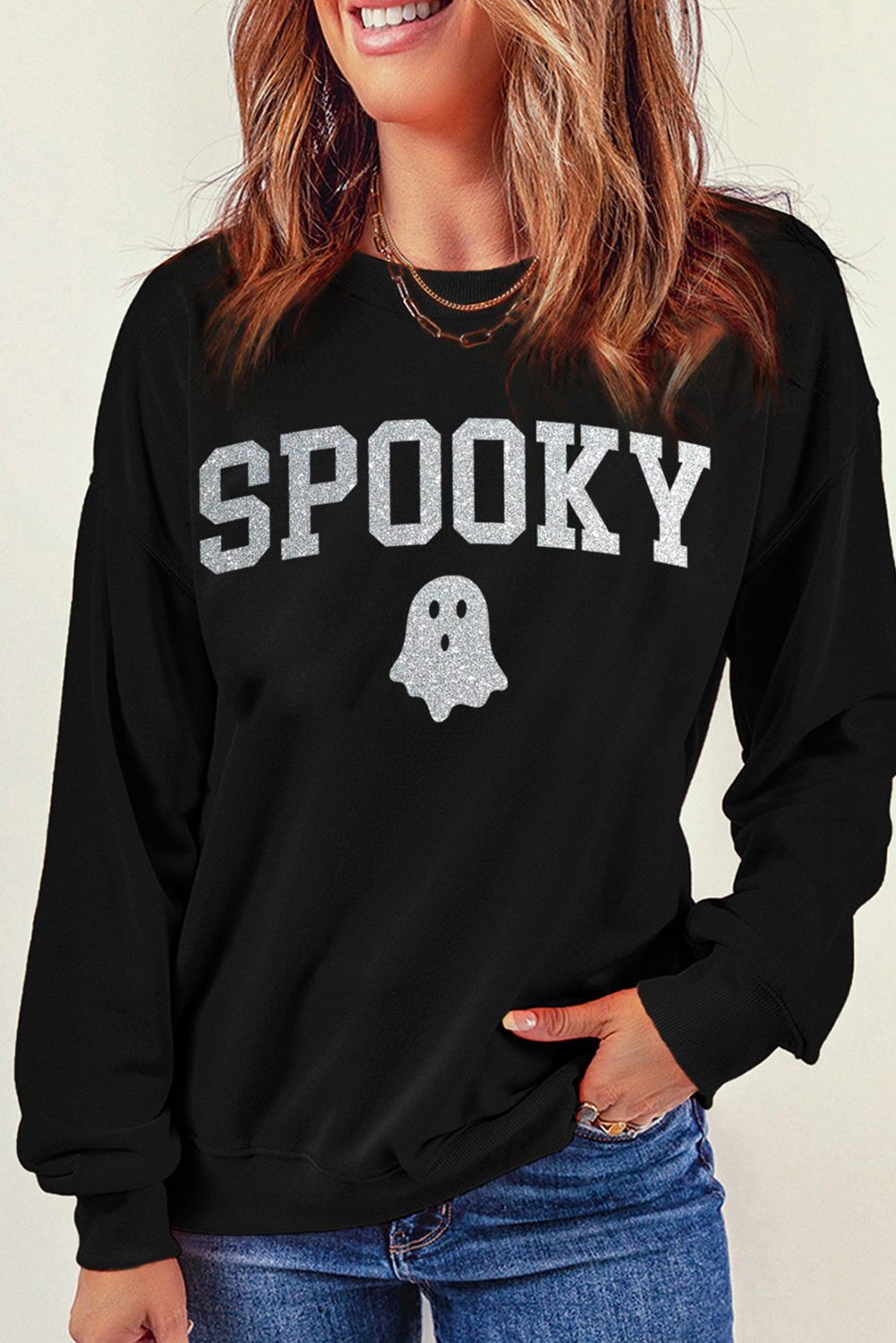 Black SPOOKY Ghost Glitter Pattern Crew Neck Halloween Sweatshirt