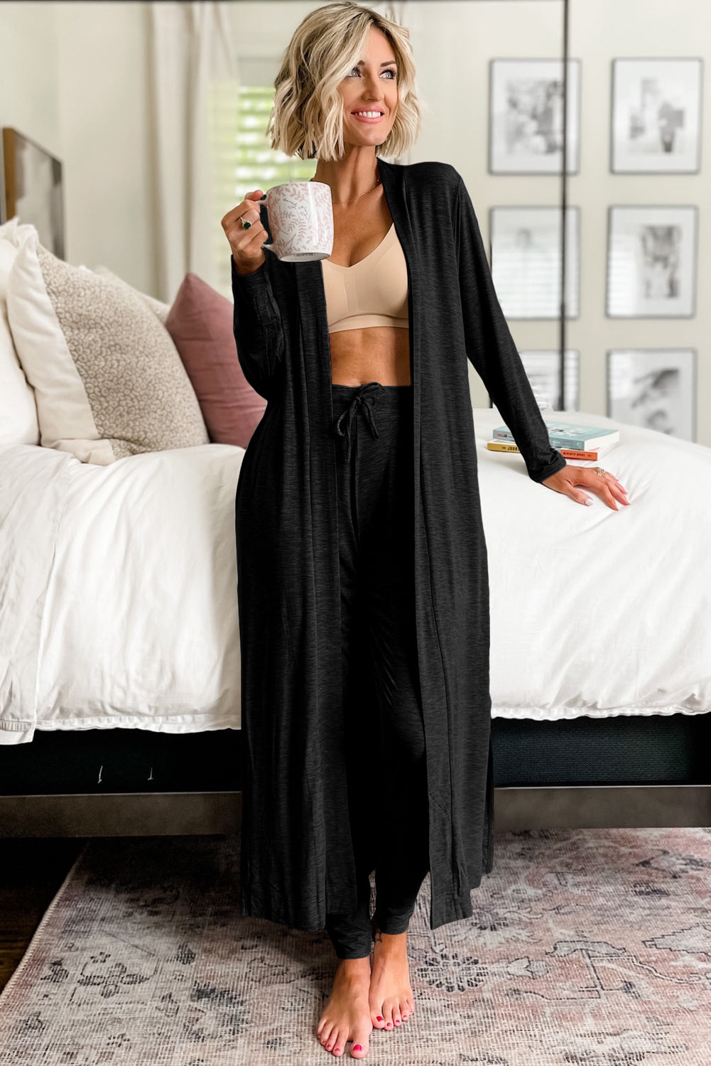 Black Split Long Cardigan and Skinny Pants Loungewear Set