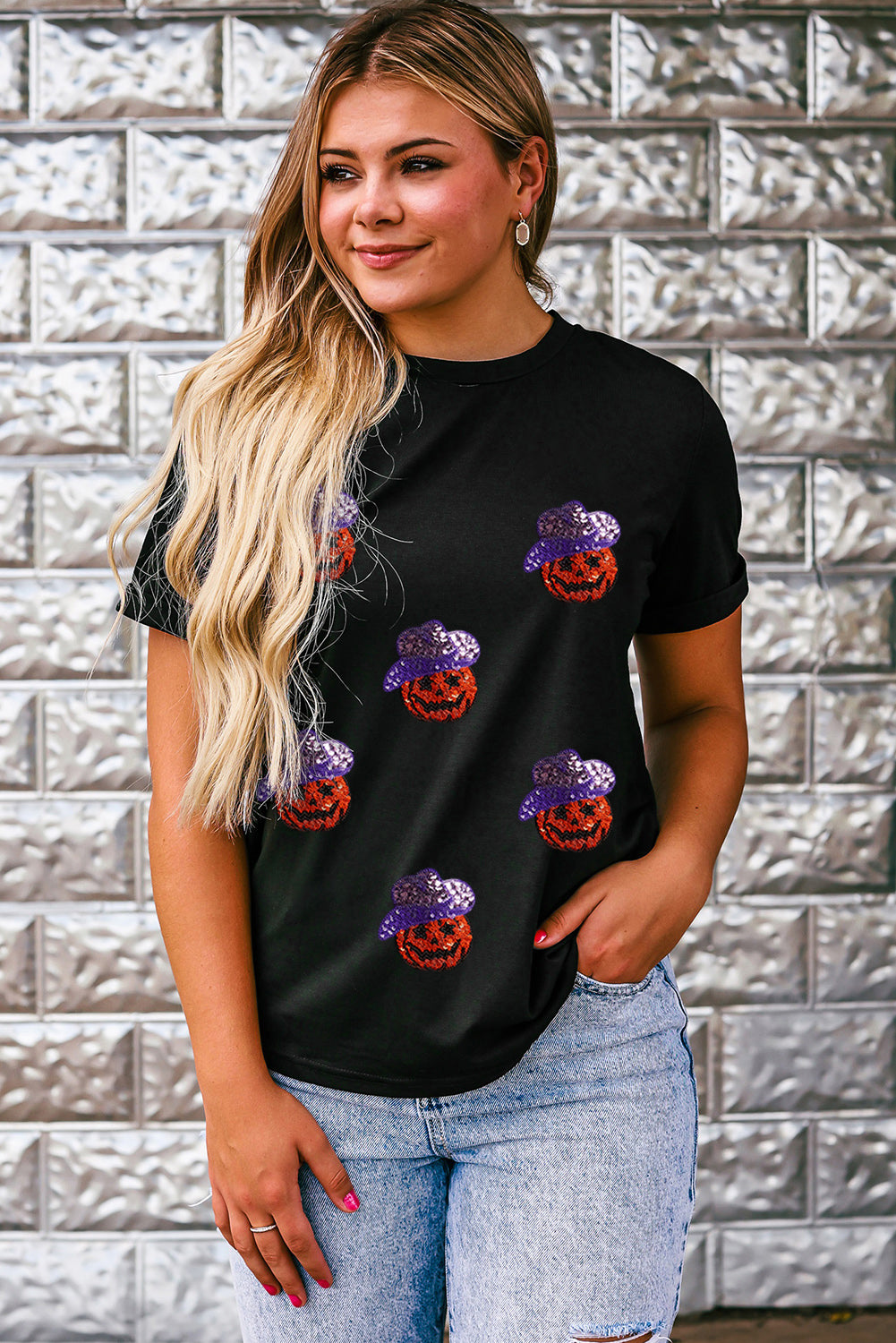 Black Sequin Hat Pumpkin Graphic Crewneck Halloween T Shirt