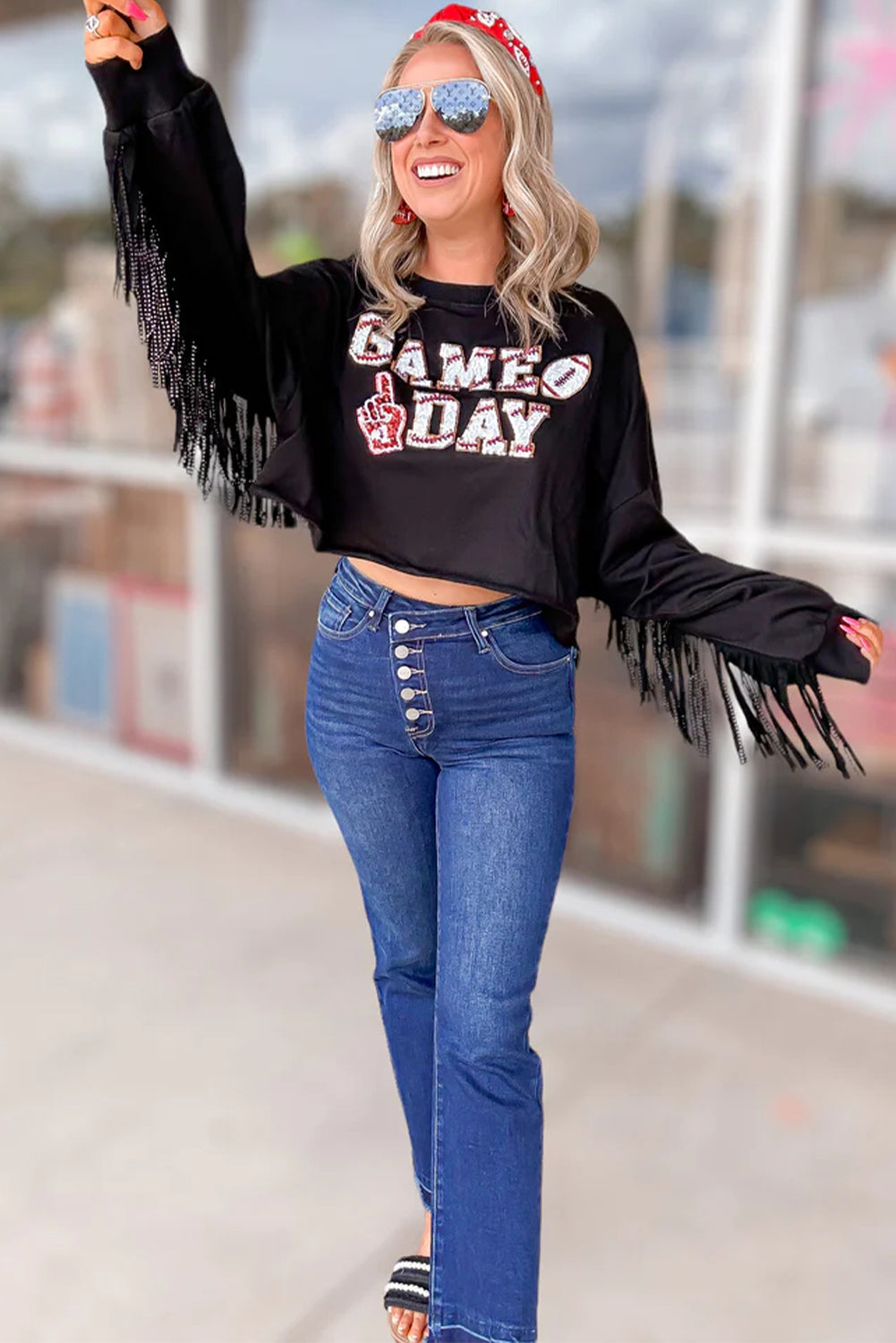 Black GAME DAY Rugby Sequin Tassel Cropped Sweatshirt