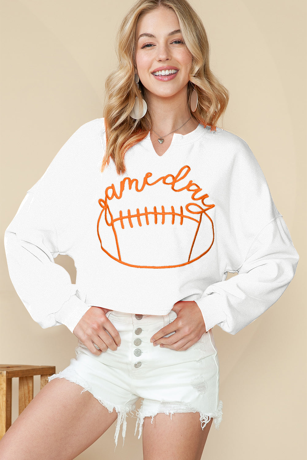 Orange Game Day Lettering Rugby Notched Neck Cropped Sweatshirt