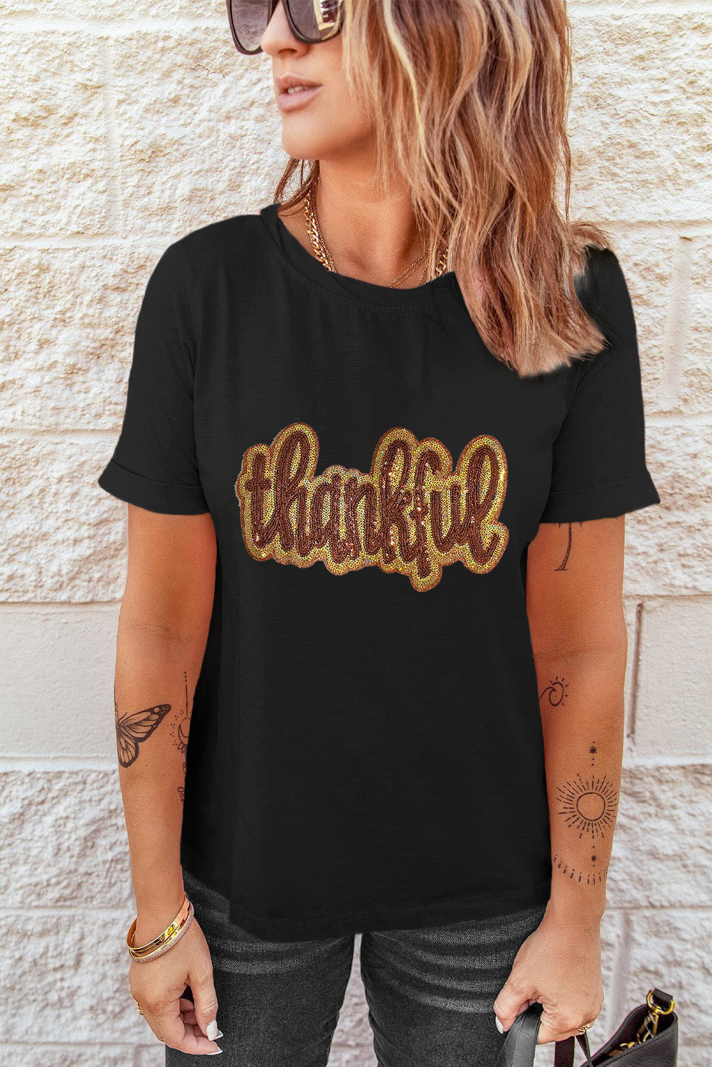 Black Sequined Thankful Round Neck Graphic Tee