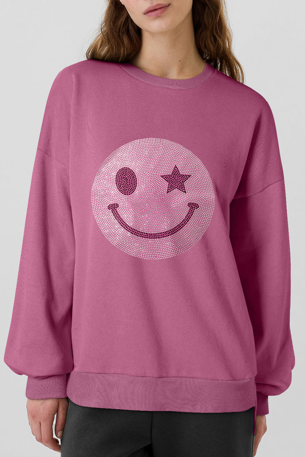 Black Rhinestone Smile Face Pattern High Low Hem Sweatshirt